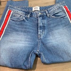 Zara Hi-Rise Straight Leg Jean with Red Stripe